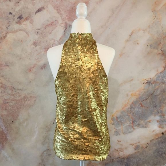 WHITE + WARREN Gold Sequin Mock Turtleneck Sleeveless Top - Picture 4 of 8